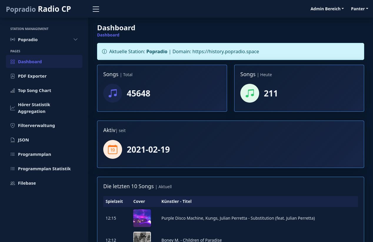 Mein eigens entwickeltes Controlpanel zur parallelen Verwaltung mehrerer Radiostationen. Von der automatisierten Sendeplanung über PDF-Exporte bis hin zur detaillierten Hörer-Statistik – eine performante All-in-One-Lösung, komplett ohne Frameworks nativ programmiert.